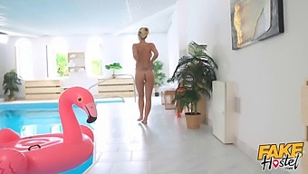 Nathaly Cherie, A Milf With Natural Big Tits, Enjoys Anal Sex By The Pool In A Fake Hostel Video